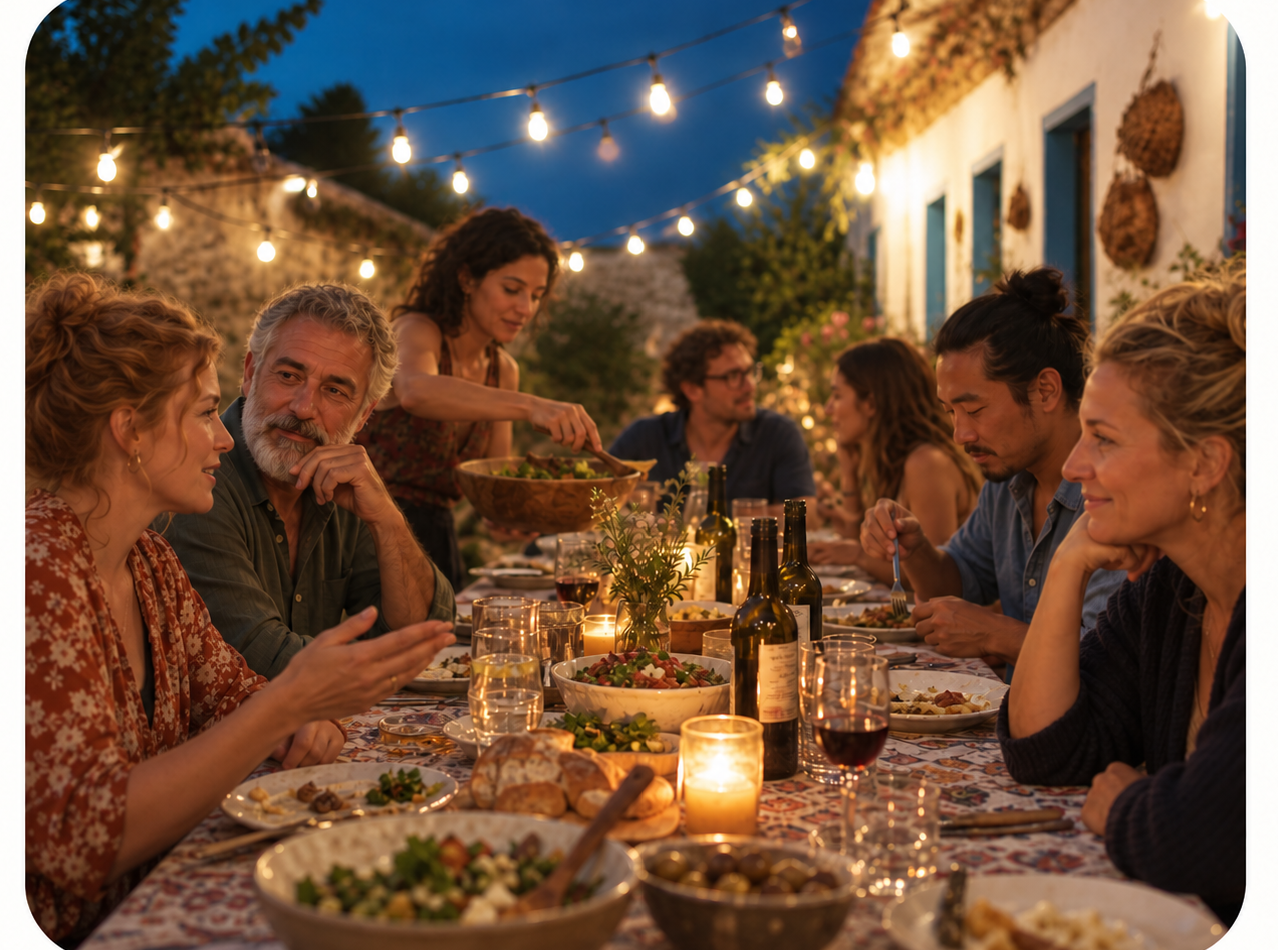 Viajeros compartiendo una cena al aire libre con luces colgantes