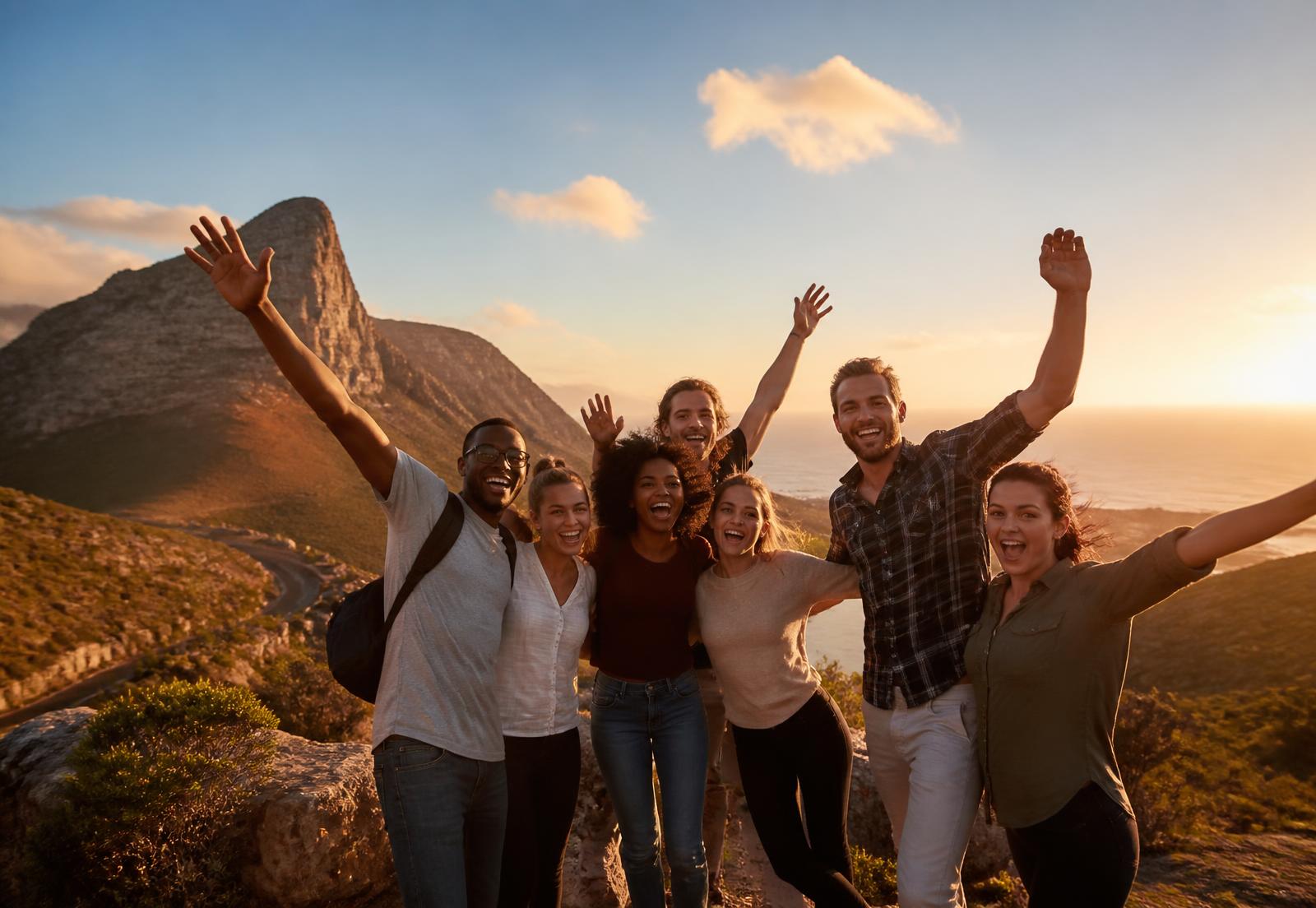 Grupo de viajeros celebrando juntos en un mirador de montaña al atardecer